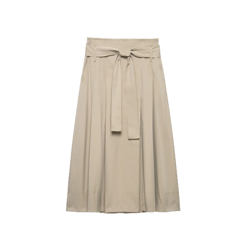 Damen Midirock mit hoher Taille, weitem Godet-Schnitt und Bindegürtel Drune
