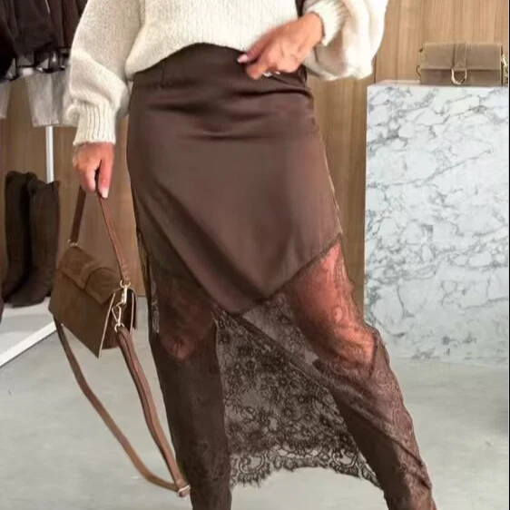 Damen Midirock aus Satin mit spitzem Vorderteil und transparentem Spitzenbesatz Drune