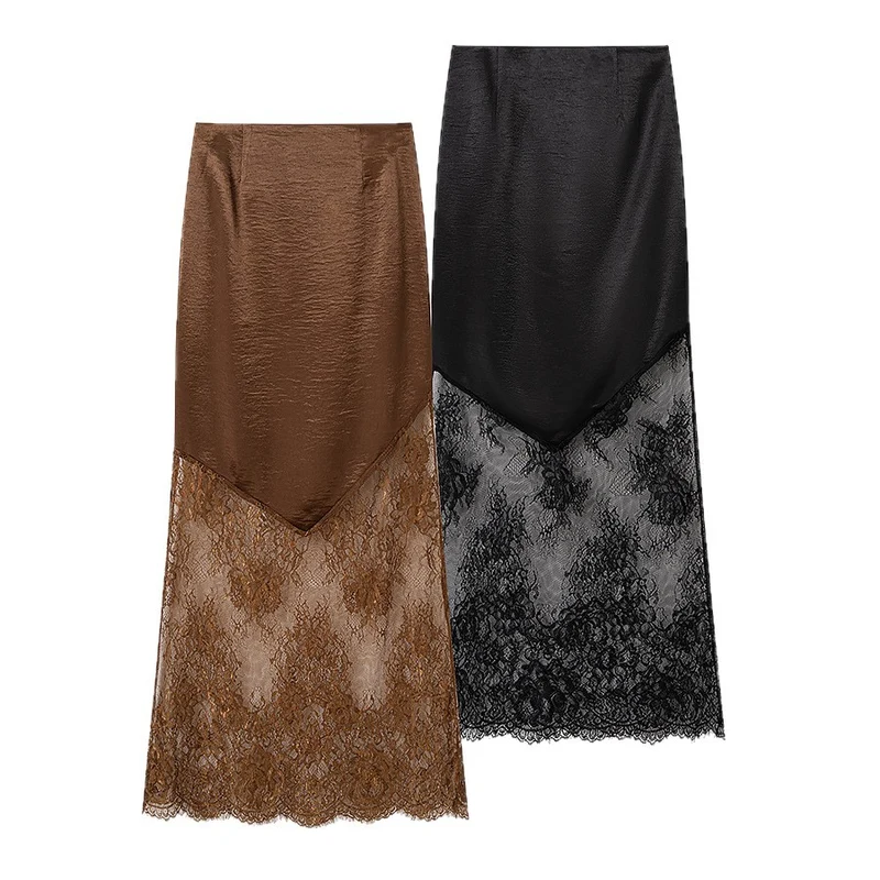 Damen Midirock aus Satin mit spitzem Vorderteil und transparentem Spitzenbesatz Drune