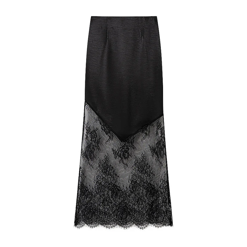 Damen Midirock aus Satin mit spitzem Vorderteil und transparentem Spitzenbesatz Drune