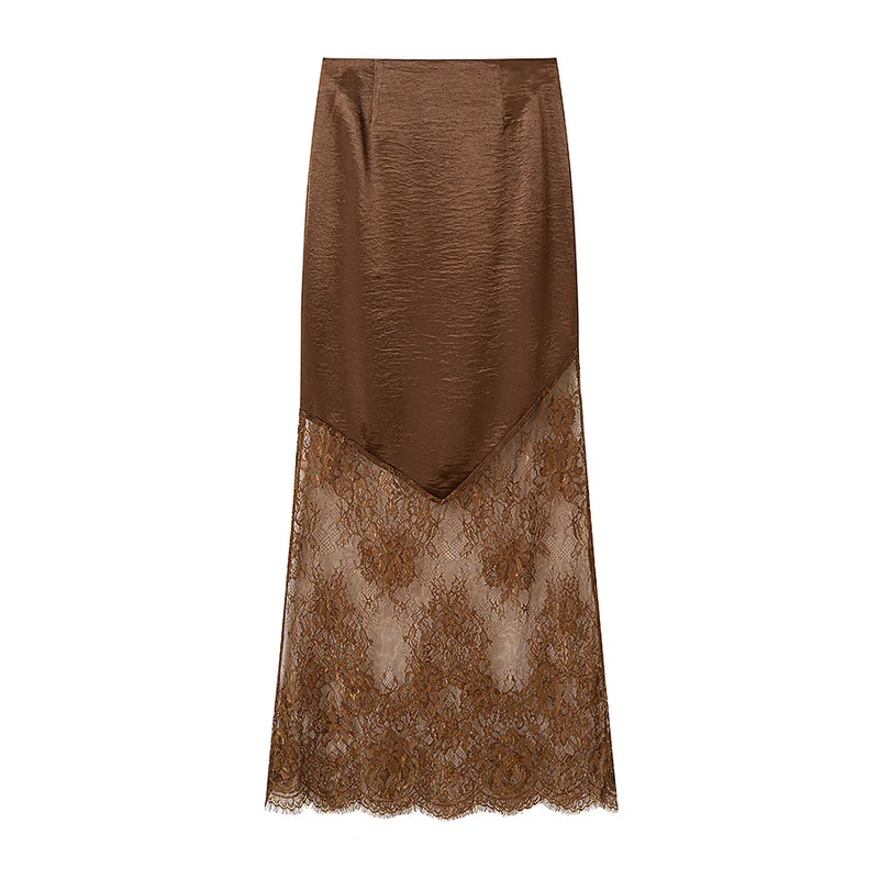 Damen Midirock aus Satin mit spitzem Vorderteil und transparentem Spitzenbesatz Drune