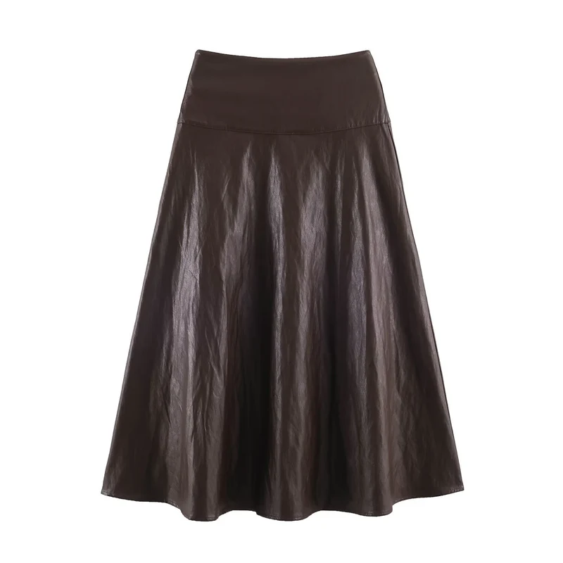 Damen Midirock aus Kunstleder mit hoher Taille und ausgestellter A‑Linie Drune