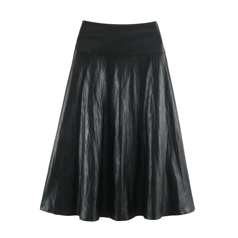 Damen Midirock aus Kunstleder mit hoher Taille und ausgestellter A‑Linie Drune