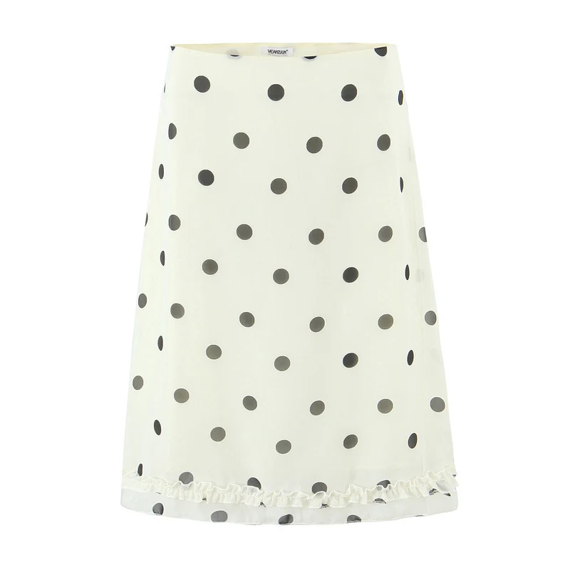Damen Midirock aus fließendem Chiffon mit Polka‑Dot und Volantbesatz Drune