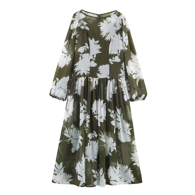 Damen Midikleid mit voluminösen Ballonärmeln, Stufenrock und floralem Print Drune