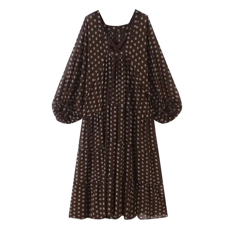 Damen Midikleid mit Volantstufen, Ballonärmeln und V-Ausschnitt Drune