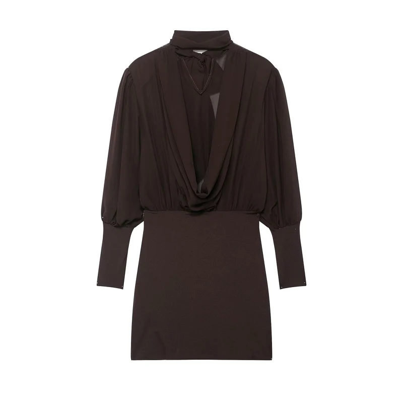 Damen Midikleid mit Schleifenkragen und plissierten Ballonärmeln Drune