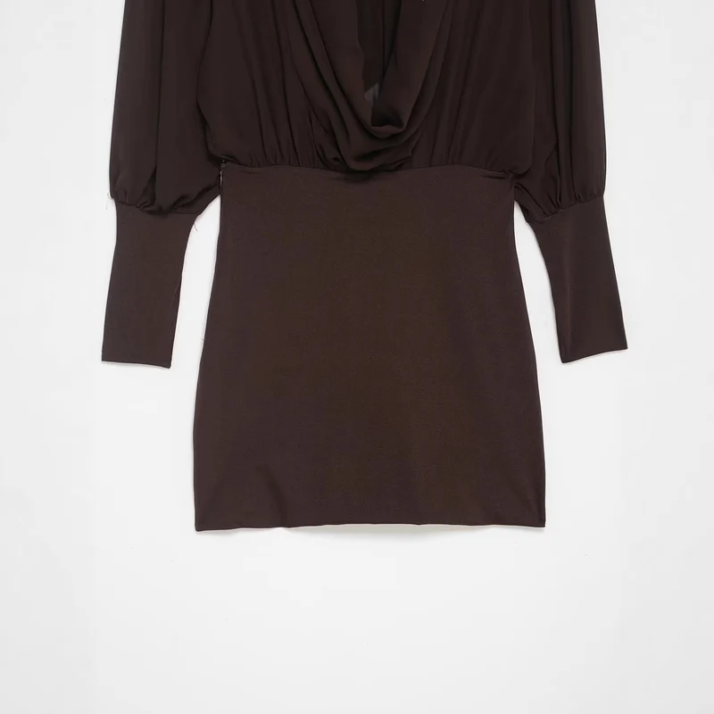 Damen Midikleid mit Schleifenkragen und plissierten Ballonärmeln Drune