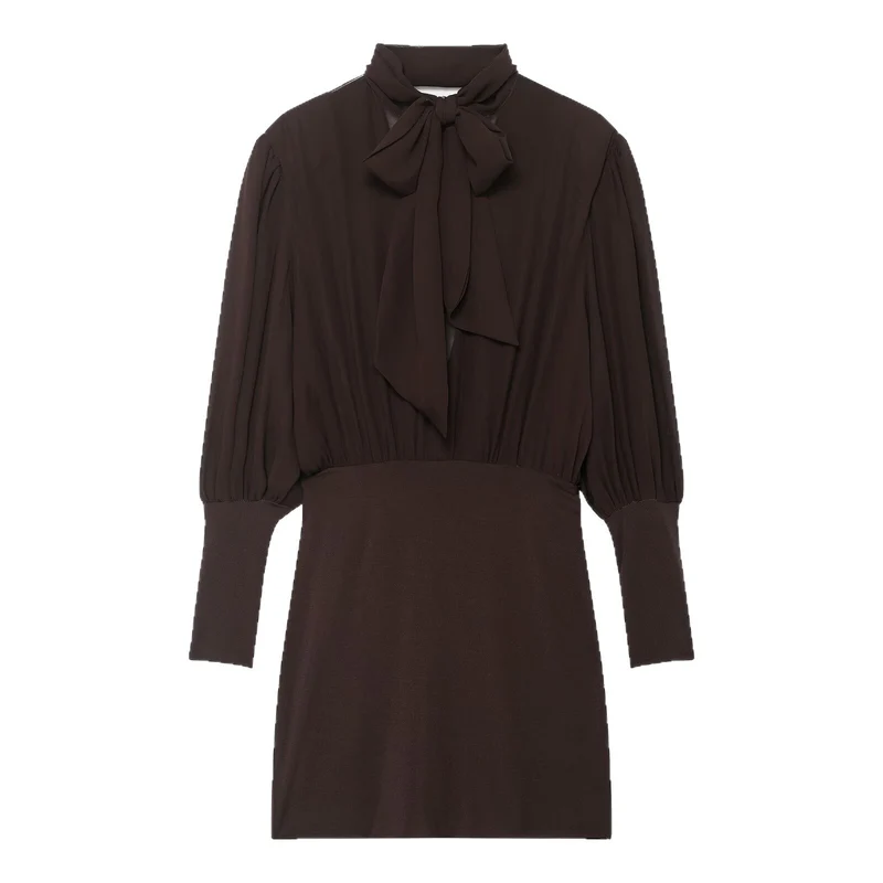 Damen Midikleid mit Schleifenkragen und plissierten Ballonärmeln Drune