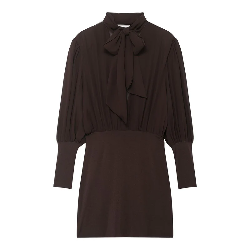 Damen Midikleid mit Schleifenkragen und plissierten Ballonärmeln Drune