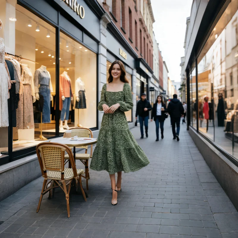 Damen Midikleid mit quadratischem Ausschnitt, gerafftem Rückenteil und Stufenrock Drune