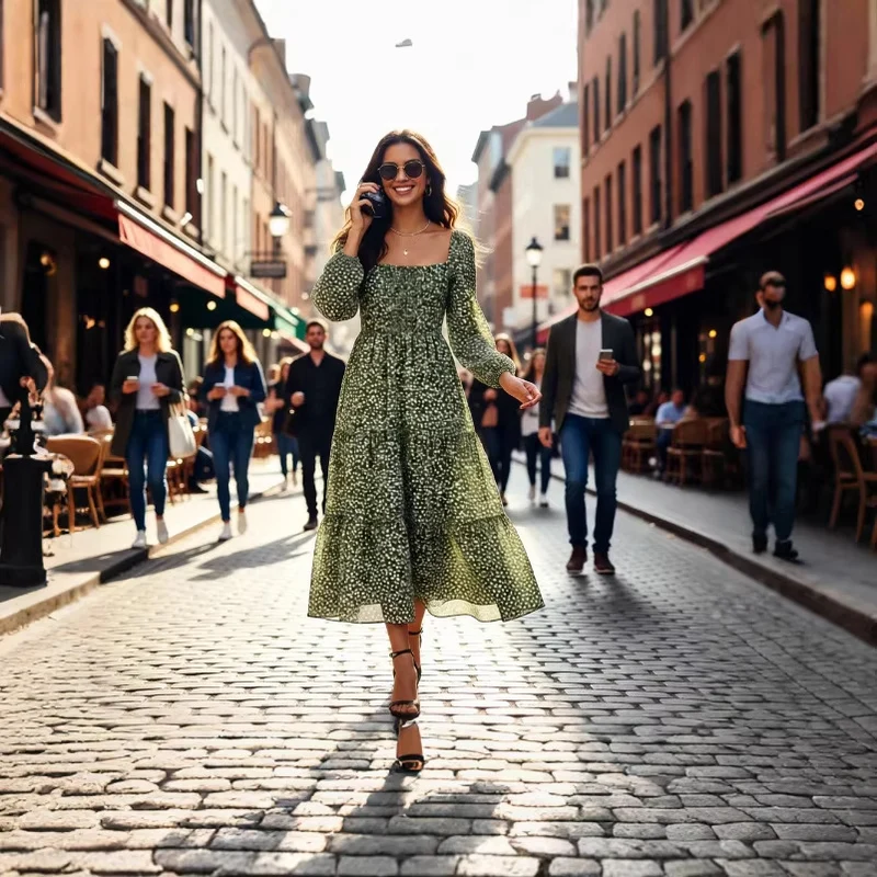 Damen Midikleid mit quadratischem Ausschnitt, gerafftem Rückenteil und Stufenrock Drune