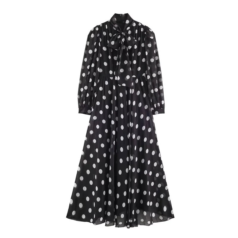 Damen Midikleid mit Plissee-Rock, Schleifenkragen und Volumenärmeln Drune