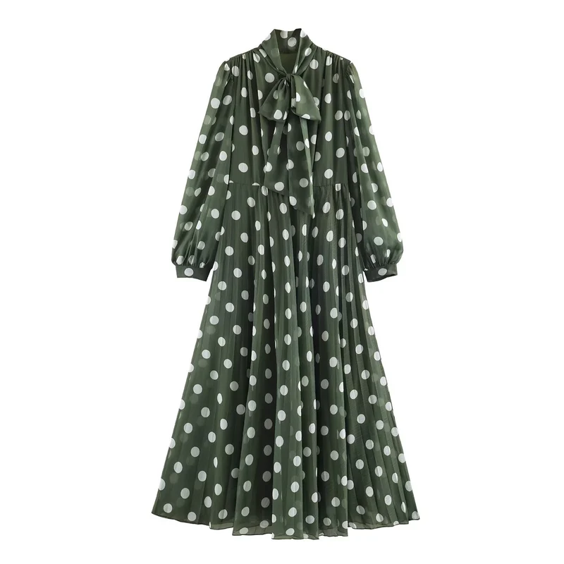 Damen Midikleid mit Plissee-Rock, Schleifenkragen und Volumenärmeln Drune