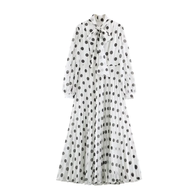 Damen Midikleid mit Plissee-Rock, Schleifenkragen und Volumenärmeln Drune