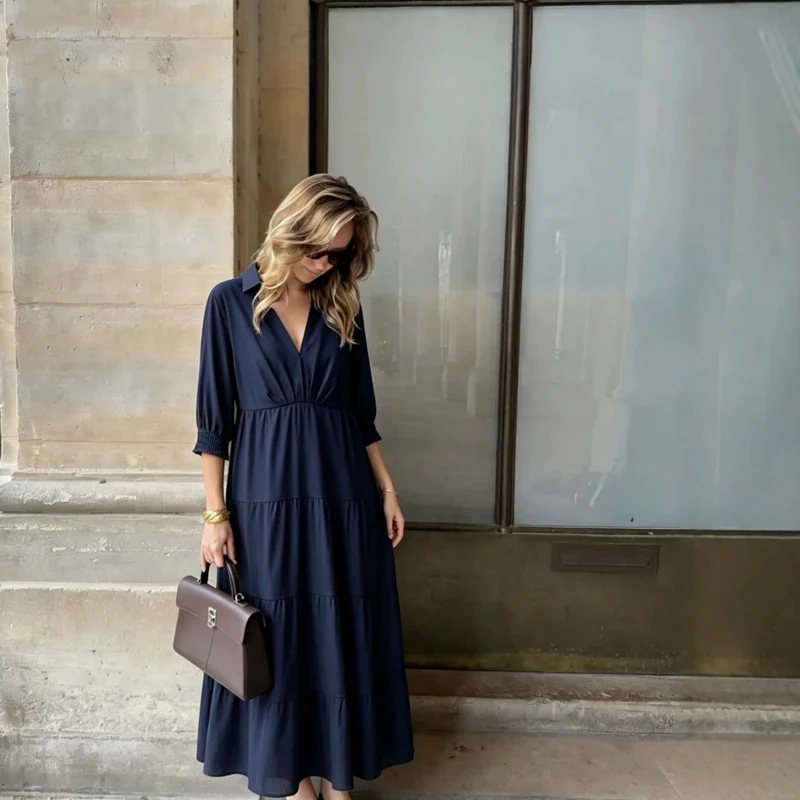 Damen Midikleid im Stufen-Look mit Hemdkragen, V‑Ausschnitt und geraffter Taillennaht Drune