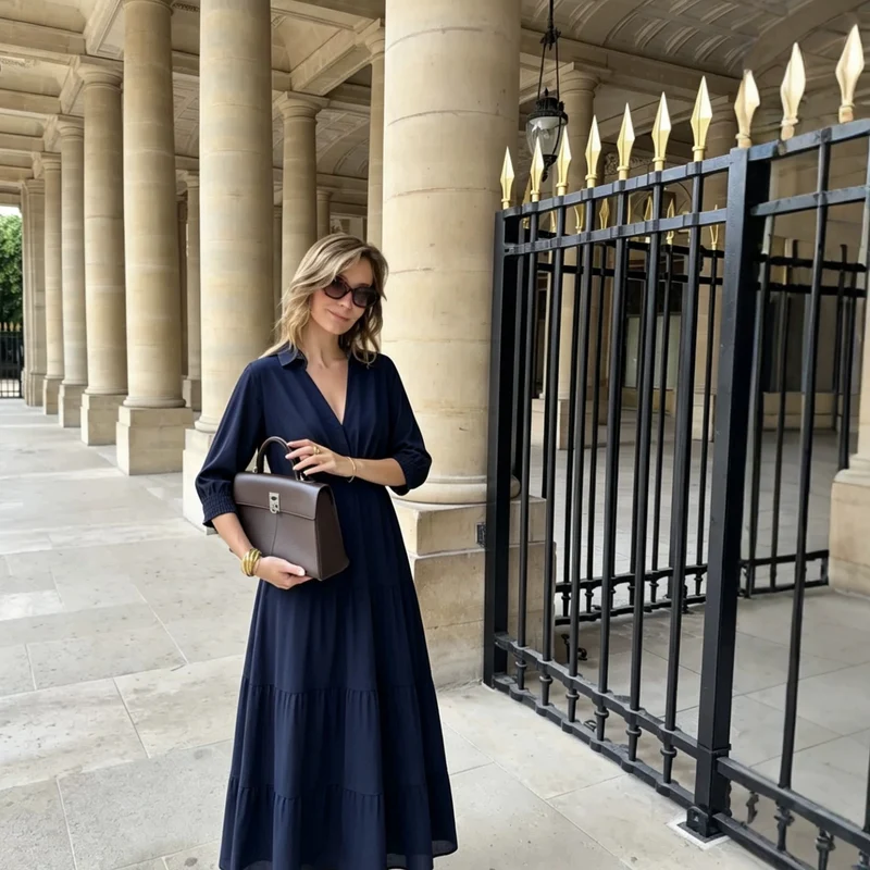 Damen Midikleid im Stufen-Look mit Hemdkragen, V‑Ausschnitt und geraffter Taillennaht Drune