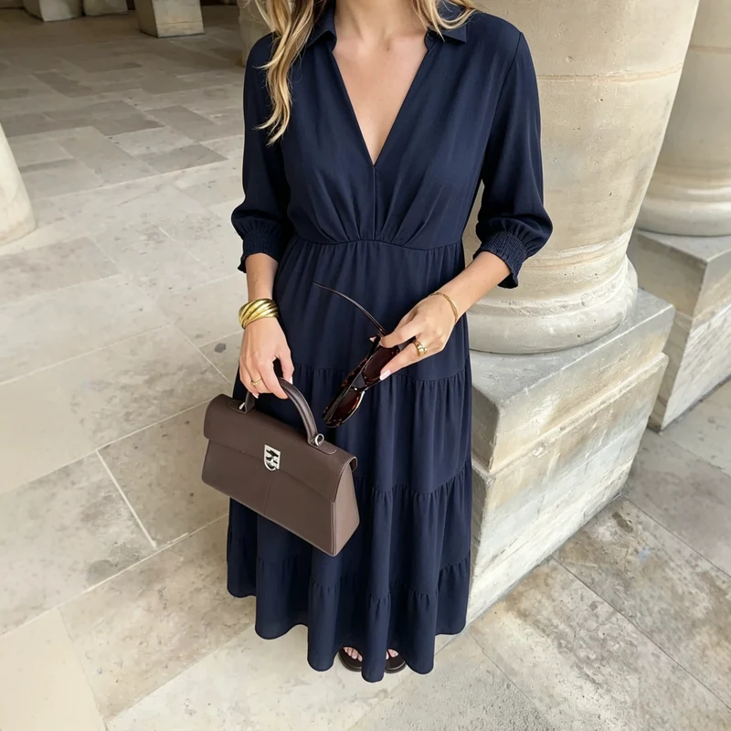 Damen Midikleid im Stufen-Look mit Hemdkragen, V‑Ausschnitt und geraffter Taillennaht Drune