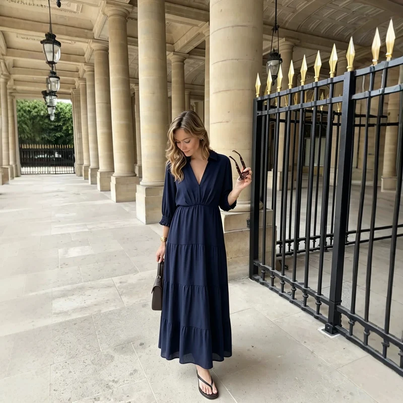 Damen Midikleid im Stufen-Look mit Hemdkragen, V‑Ausschnitt und geraffter Taillennaht Drune