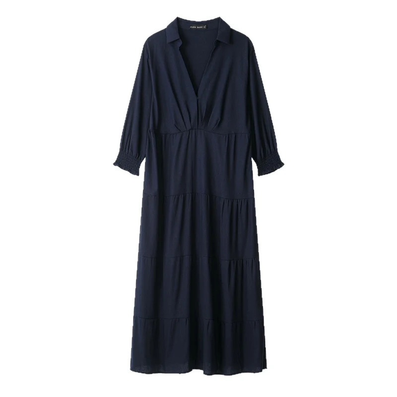 Damen Midikleid im Stufen-Look mit Hemdkragen, V‑Ausschnitt und geraffter Taillennaht Drune