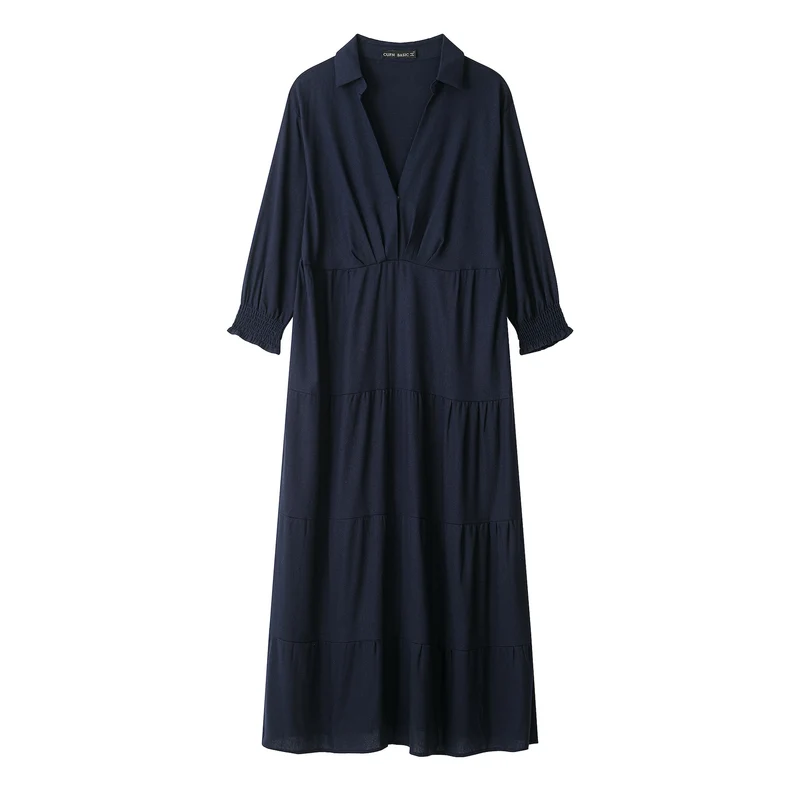 Damen Midikleid im Stufen-Look mit Hemdkragen, V‑Ausschnitt und geraffter Taillennaht Drune