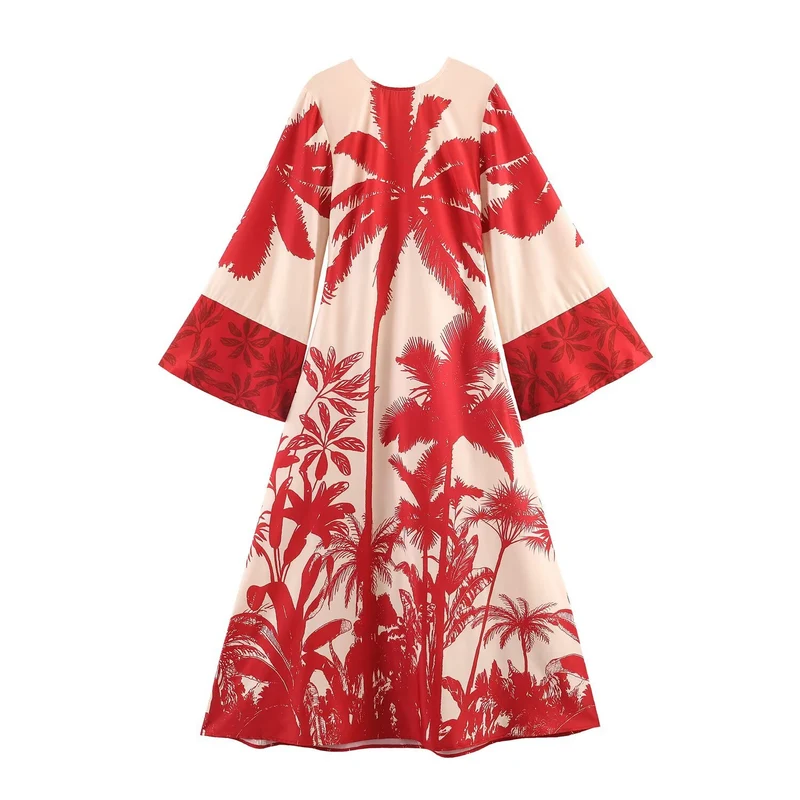 Damen Midikleid im Kimono‑Stil mit weitem Glockenärmel und tropischem Palmendruck Drune