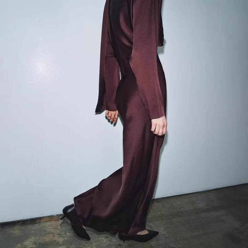 Damen Midikleid aus Satin mit tiefem V-Ausschnitt, langen Ärmeln und Schalkragen Drune