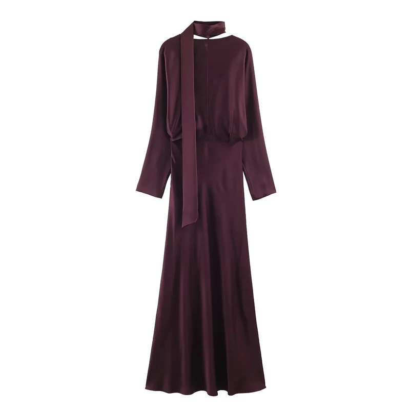 Damen Midikleid aus Satin mit tiefem V-Ausschnitt, langen Ärmeln und Schalkragen Drune