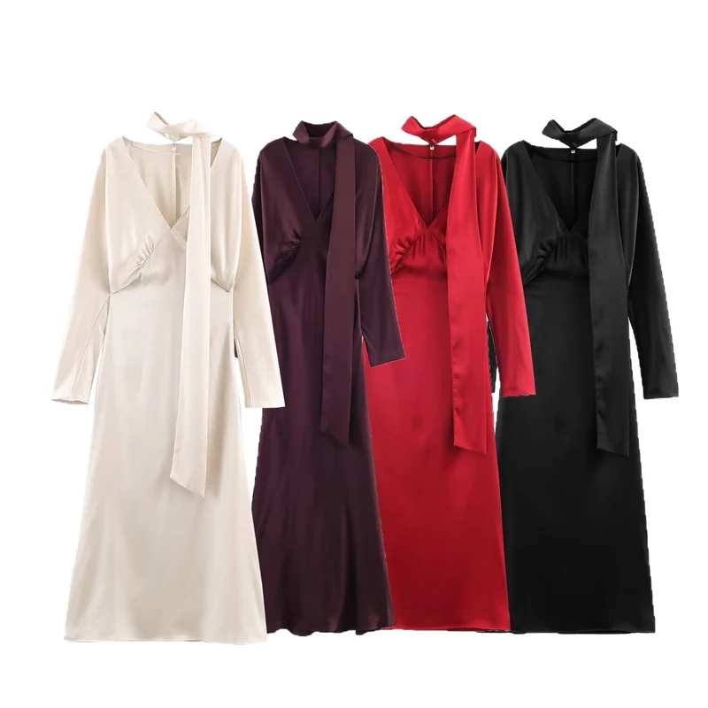 Damen Midikleid aus Satin mit tiefem V-Ausschnitt, langen Ärmeln und Schalkragen Drune
