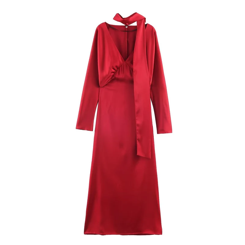 Damen Midikleid aus Satin mit tiefem V-Ausschnitt, langen Ärmeln und Schalkragen Drune