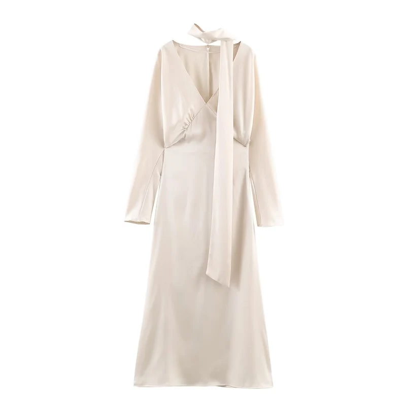Damen Midikleid aus Satin mit tiefem V-Ausschnitt, langen Ärmeln und Schalkragen Drune