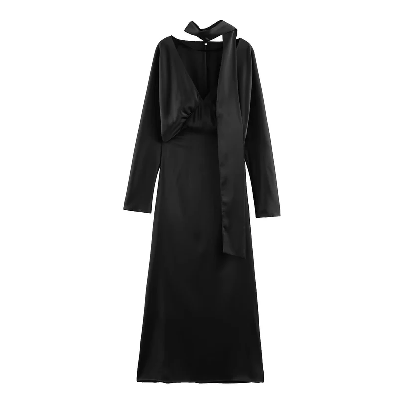 Damen Midikleid aus Satin mit tiefem V-Ausschnitt, langen Ärmeln und Schalkragen Drune