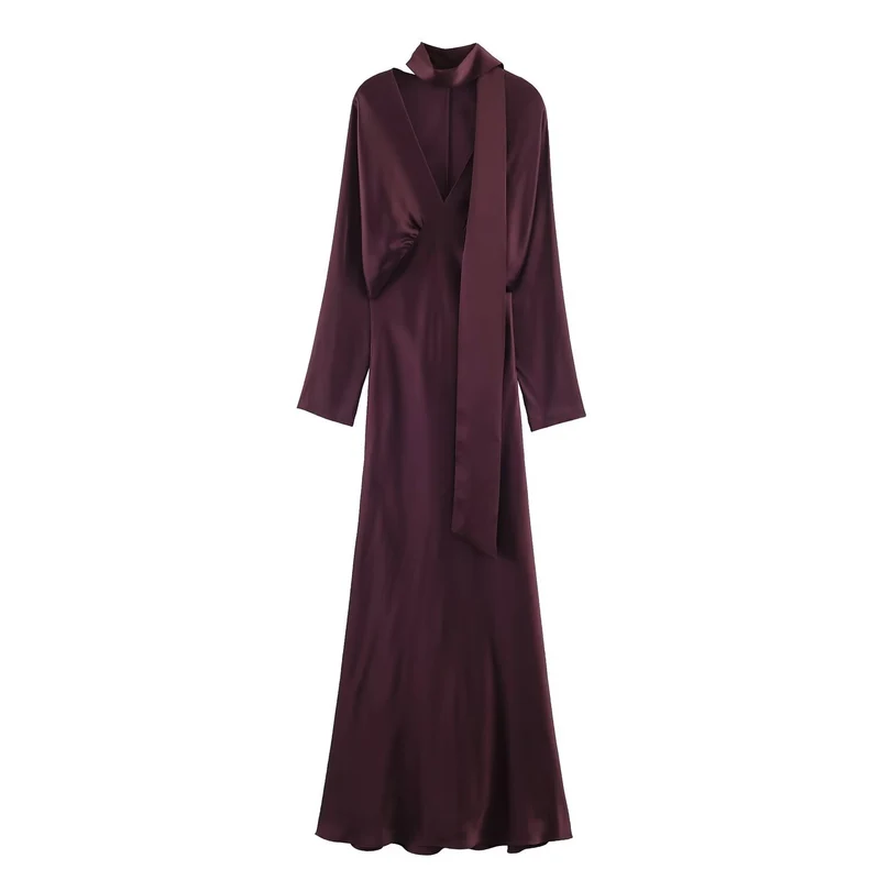 Damen Midikleid aus Satin mit tiefem V-Ausschnitt, langen Ärmeln und Schalkragen Drune