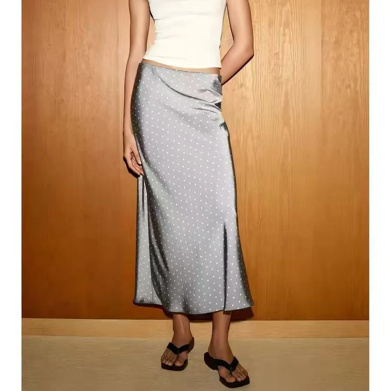 Damen Midi-Rock aus Satin im A-Linien-Schnitt mit hoher Taille und Polka-Dot-Print Drune