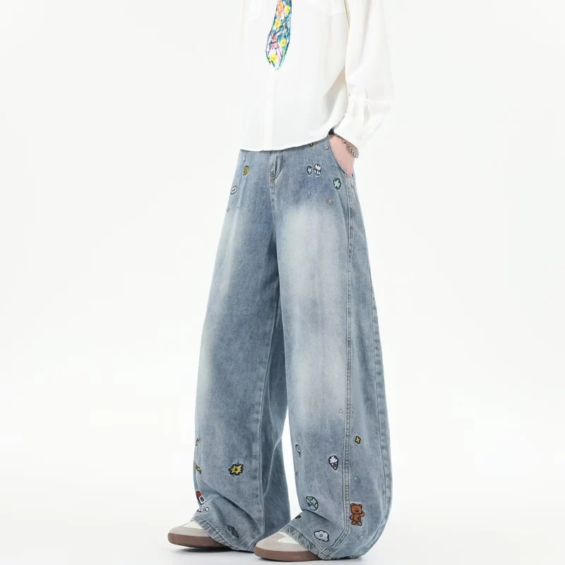Herren Extraweite Baggy-Jeans mit verspielten Stickereien und weitem Bein Drune