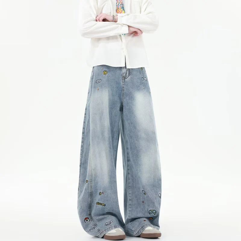 Herren Extraweite Baggy-Jeans mit verspielten Stickereien und weitem Bein Drune