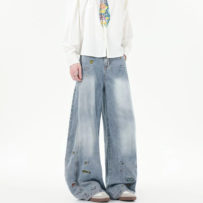 Herren Extraweite Baggy-Jeans mit verspielten Stickereien und weitem Bein Drune