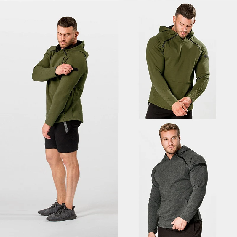 Herren Enganliegender Performance-Fit Hoodie mit Kapuze, Kängurutasche und Schulter-Reißverschluss Drune
