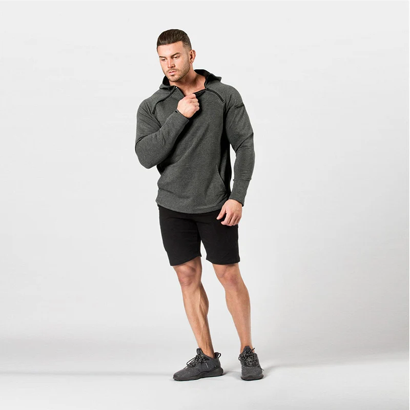 Herren Enganliegender Performance-Fit Hoodie mit Kapuze, Kängurutasche und Schulter-Reißverschluss Drune