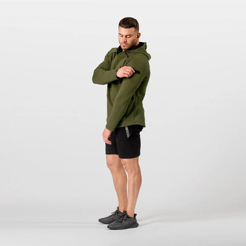 Herren Enganliegender Performance-Fit Hoodie mit Kapuze, Kängurutasche und Schulter-Reißverschluss Drune