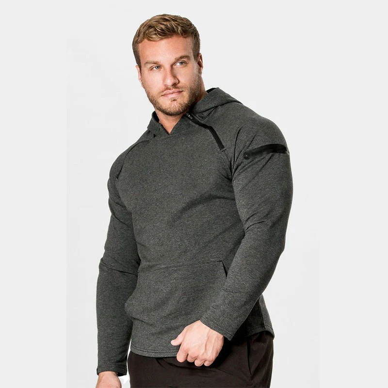 Herren Enganliegender Performance-Fit Hoodie mit Kapuze, Kängurutasche und Schulter-Reißverschluss Drune