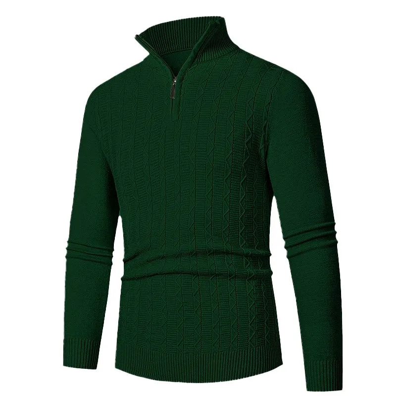 Herren Enganliegender Halbzip-Strukturpullover aus Merino‑Mix mit Zopfmuster und Stehkragen Drune