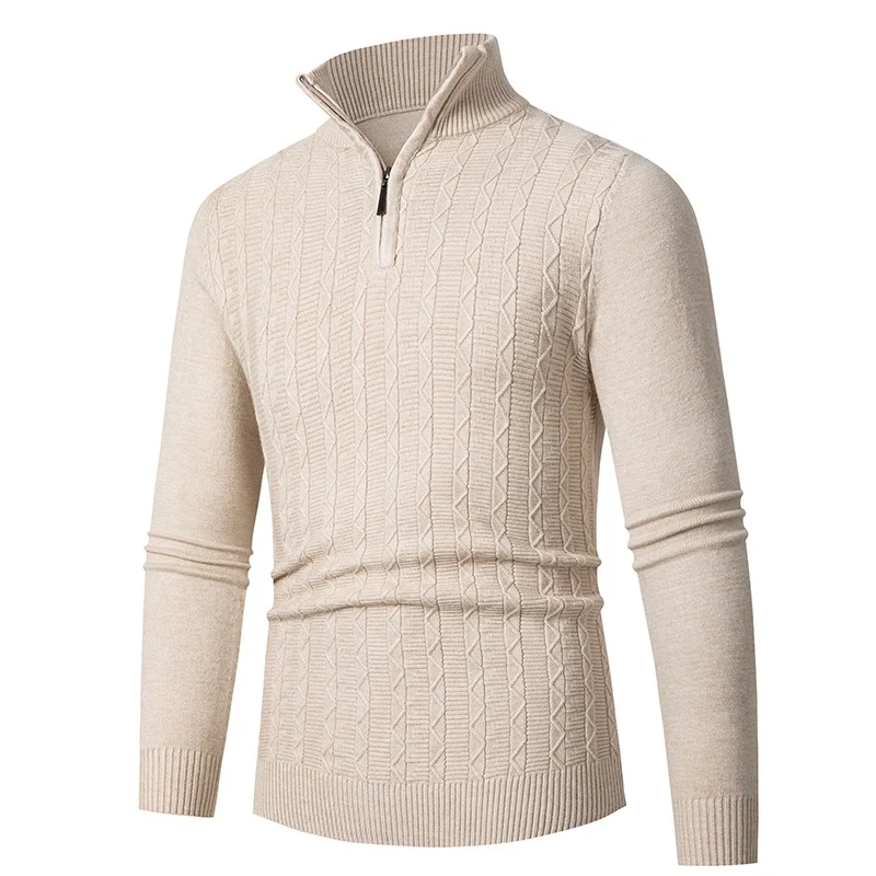 Herren Enganliegender Halbzip-Strukturpullover aus Merino‑Mix mit Zopfmuster und Stehkragen Drune