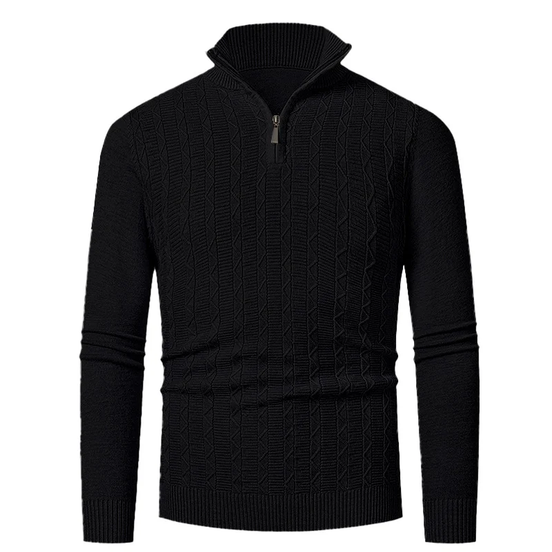 Herren Enganliegender Halbzip-Strukturpullover aus Merino‑Mix mit Zopfmuster und Stehkragen Drune