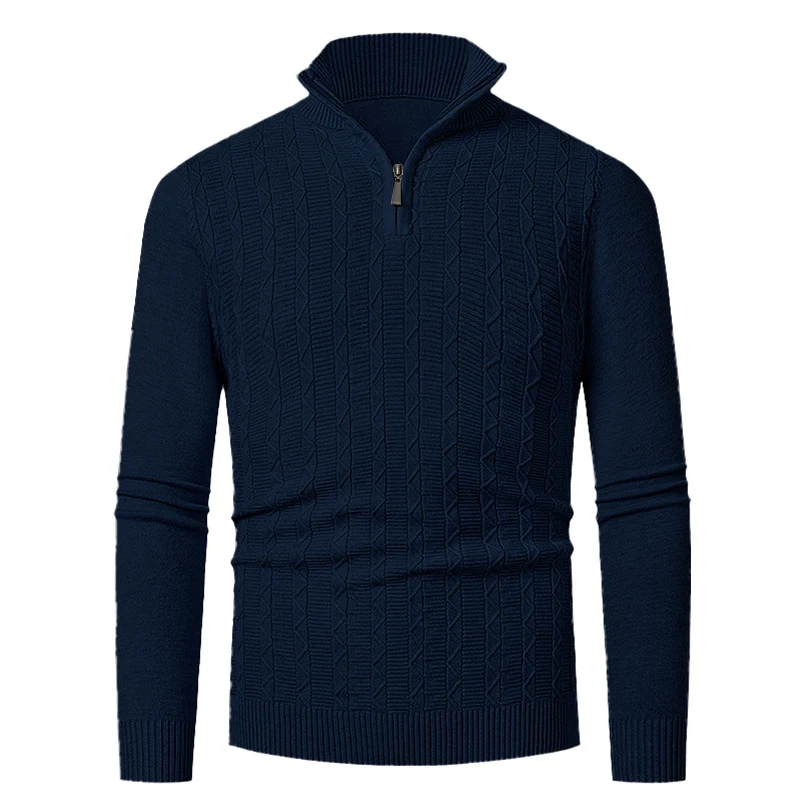 Herren Enganliegender Halbzip-Strukturpullover aus Merino‑Mix mit Zopfmuster und Stehkragen Drune