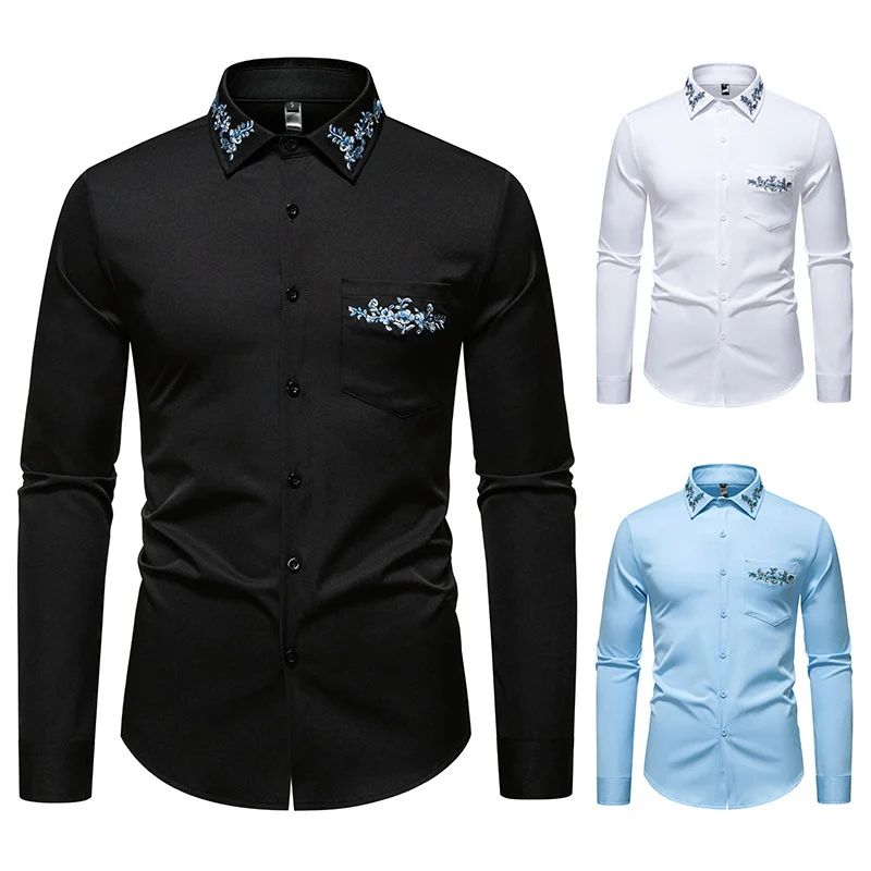 Herren Elegantes Slim-Fit Hemd mit floraler Stickerei am Kragen und aufgesetzter Brusttasche Drune
