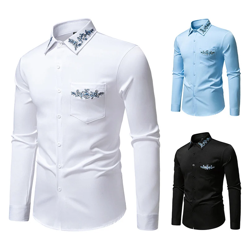 Herren Elegantes Slim-Fit Hemd mit floraler Stickerei am Kragen und aufgesetzter Brusttasche Drune