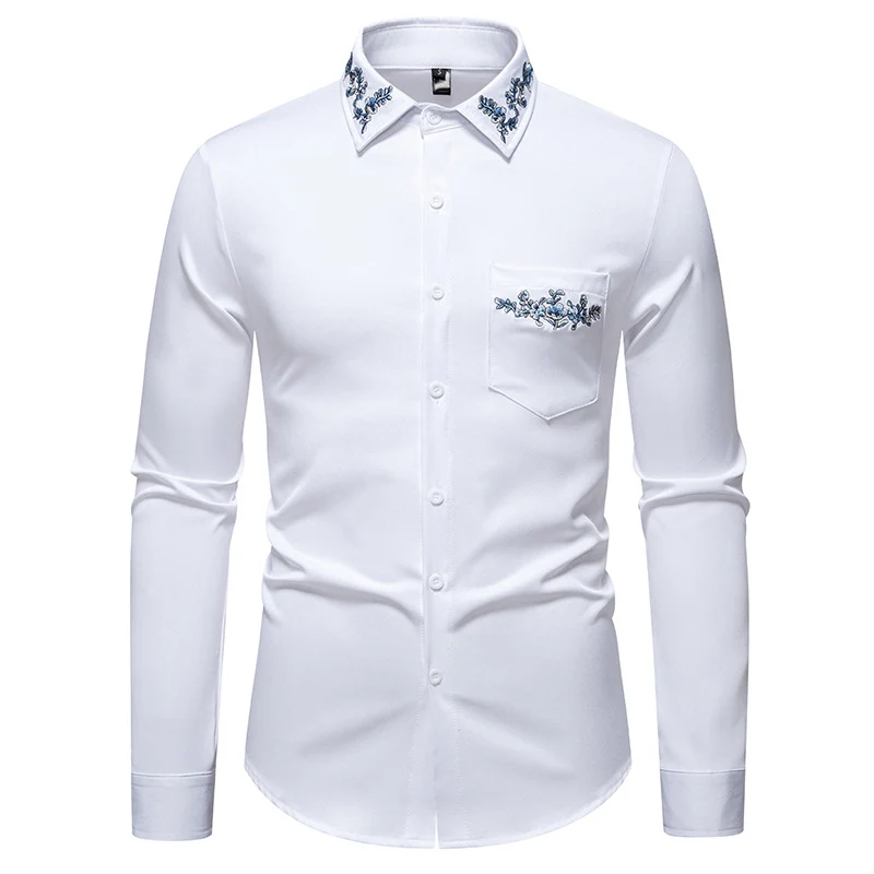 Herren Elegantes Slim-Fit Hemd mit floraler Stickerei am Kragen und aufgesetzter Brusttasche Drune