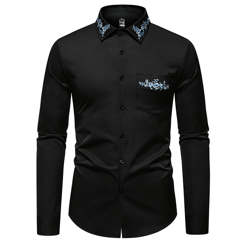 Herren Elegantes Slim-Fit Hemd mit floraler Stickerei am Kragen und aufgesetzter Brusttasche Drune