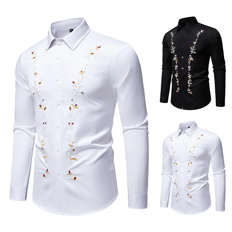 Herren Elegantes besticktes Hemd mit Kentkragen und figurbetonter Slim‑Fit‑Silhouette Drune